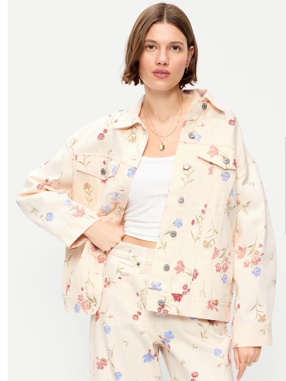 Old Navy Oversized Floral Print Jean Trucker Jacket Cotton M NWT